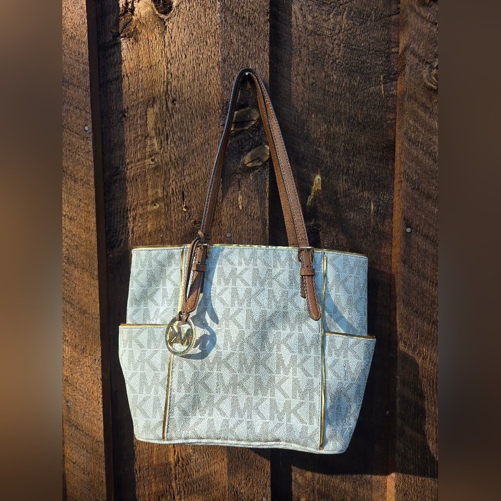 Michael Kors White and Tan Tote Bag